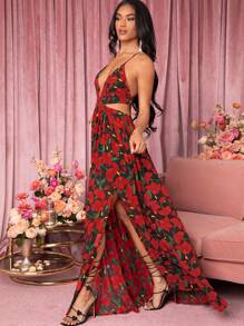 SHEIN Unity Floral Print Cut Out Split Dress - Red and Black - View 4