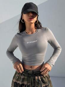 DAZY Letter Printed Long Sleeve Cropped T-Shirt - Grey - View 3