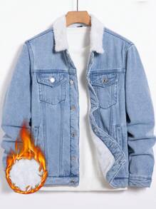 Manfinity Áo khoác denim lót nhiệt phối màu cho nam có cổ ve - Rửa trung bình - Xem 1