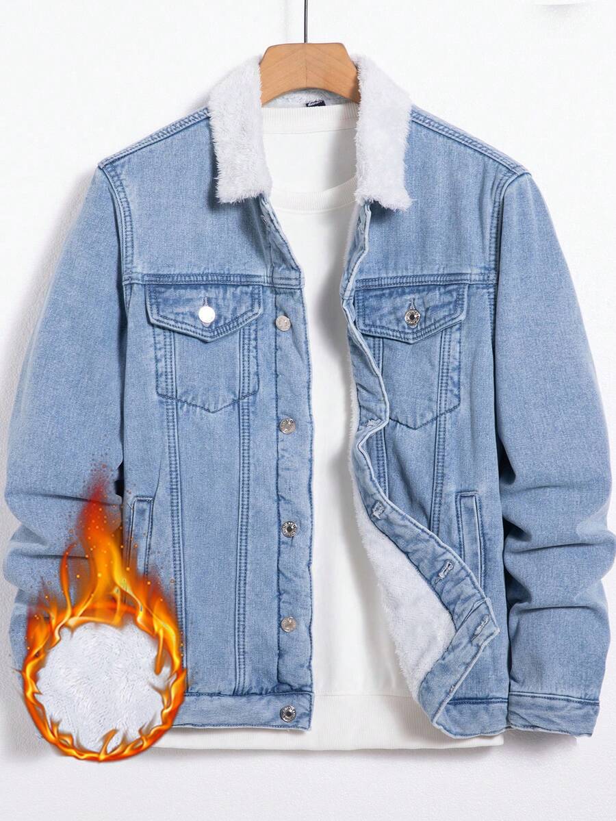 Manfinity Áo khoác denim lót nhiệt phối màu cho nam có cổ ve - Rửa trung bình - Xem 1