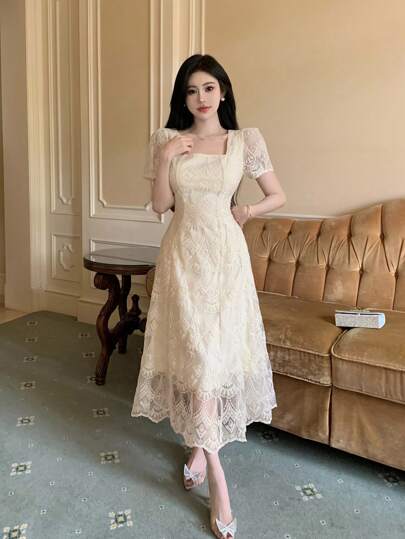 DAZY 女士纯色蕾丝短袖连衣裙，生日、新年、夏季吊带裙、舞会礼服，优雅女士连衣裙