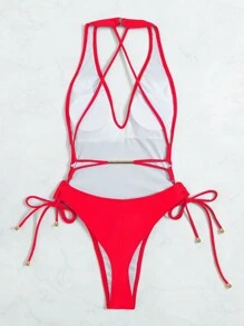 Swim SXY 2025 Plain Color Backless Halter Monokini Swimsuit, For Vacation & Beach Summer - Red - View 4