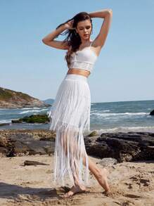 Zolique Women's Shorts & Fringed Skirt Two Piece Set With Cami Top - White - View 7