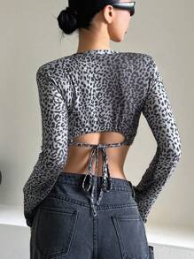 DAZY Short Crop Long Sleeve Leopard Print Round Neck Tie-Dye Elastic Women's T-Shirt Cheetah Print,Fall Clothes - Grey - View 2