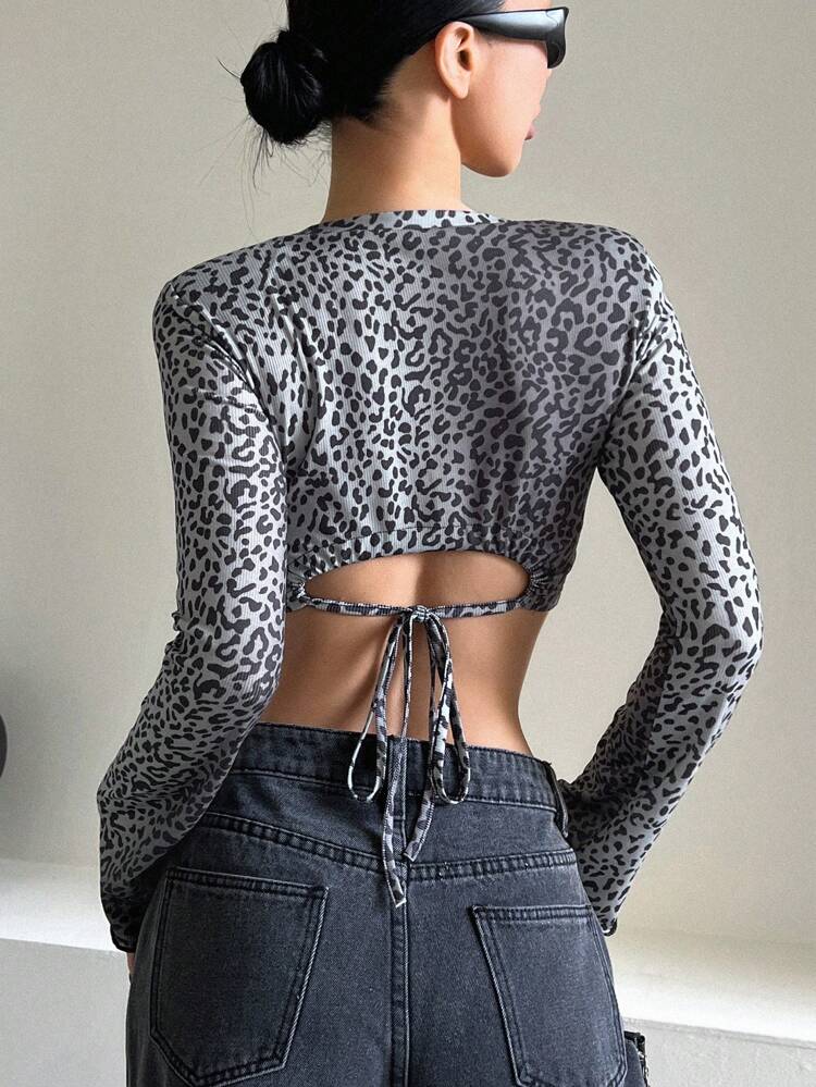 Short Crop Long Sleeve Leopard Print Round Neck Tie-Dye Elastic Women's T-Shirt Cheetah Print,Fall Clothes