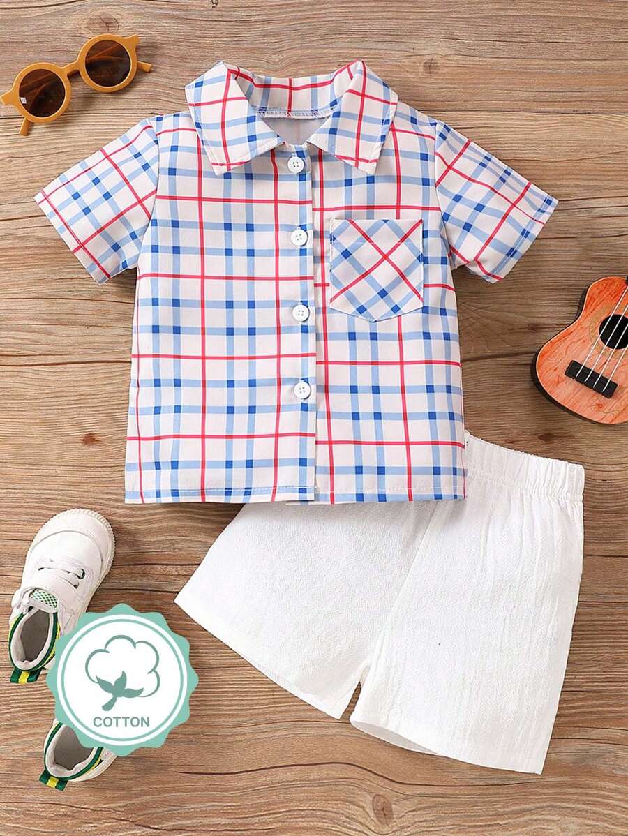 Em bé Con trai Kẻ sọc Ngắn tay Áo sơ mi Với túi Và Bộ quần short - Nhiều màu - Xem 1