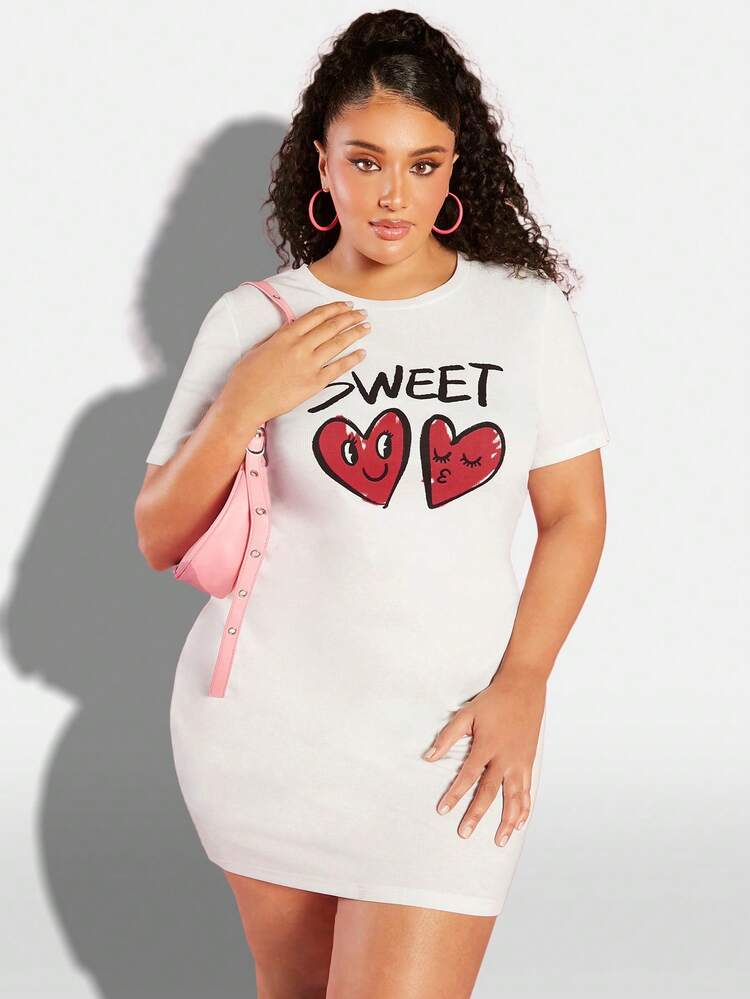 Plus Size Women's Heart Pattern T-Shirt Dress/Valentine's Day