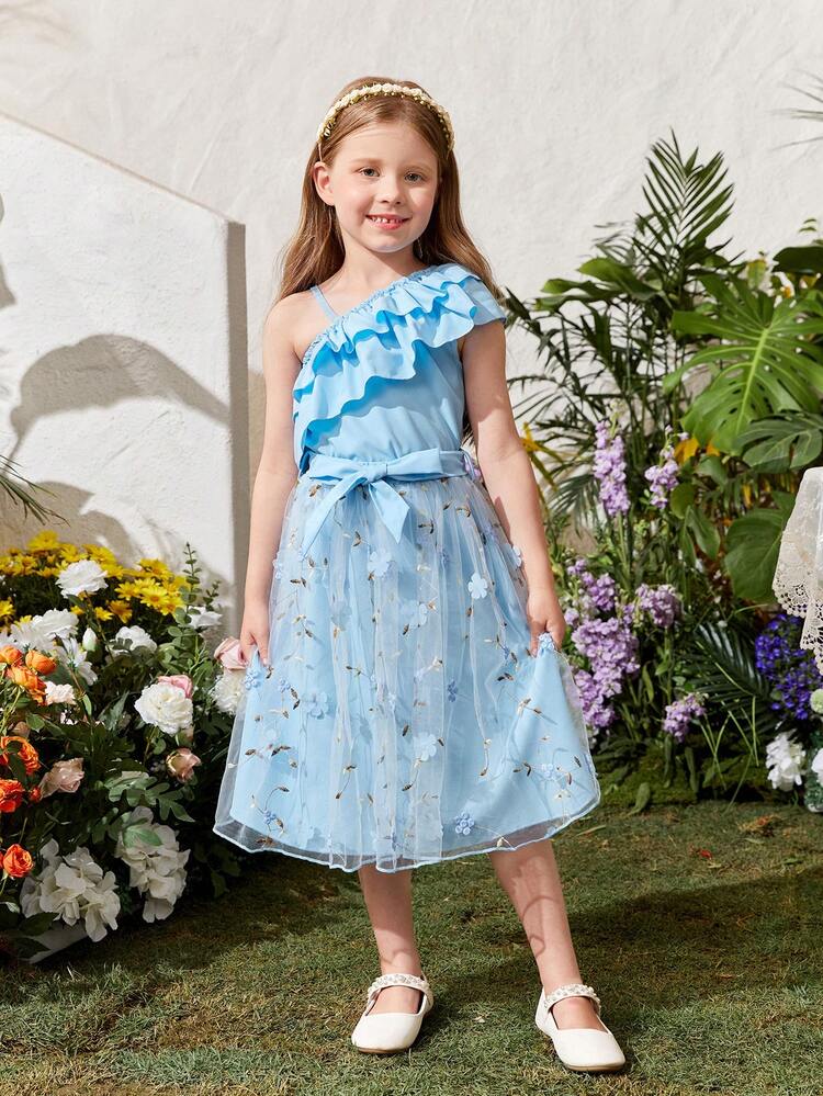 Young Girls' Double Layer Ruffle Trim Top And Embroidered Mesh Overlay Skirt Set