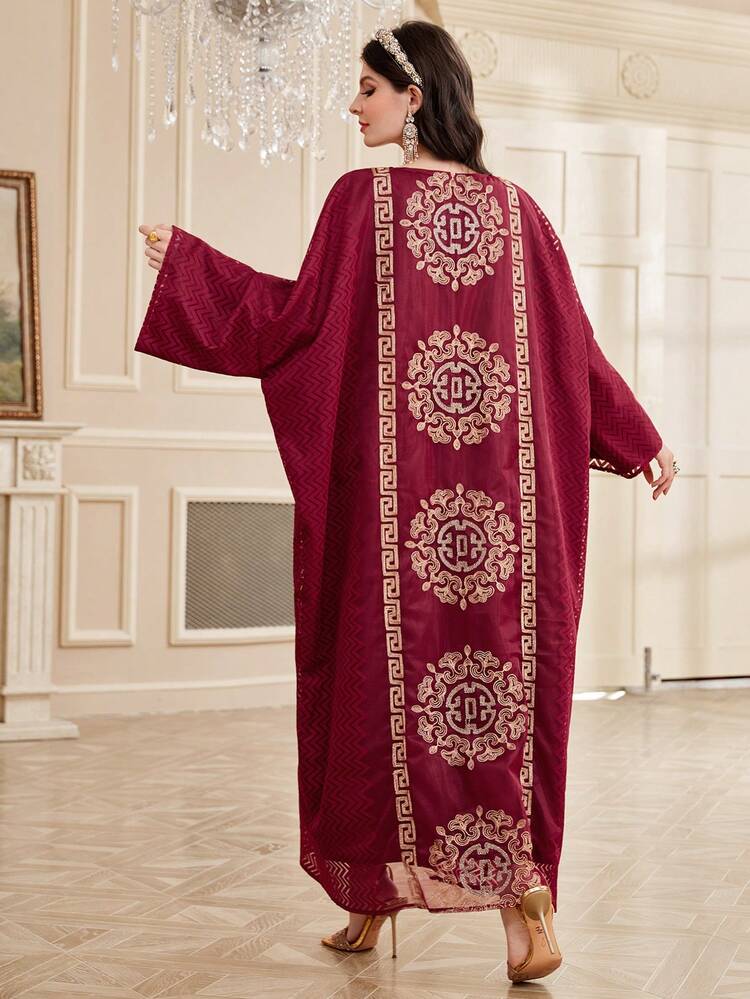 Burgundy Red Loose Fit Casual Long Shirt With Notched Collar And Printed Pattern Kaftan Jalabiya Dress