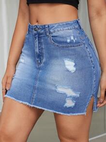 SHEIN EZwear 女士破洞高腰修身牛仔裙,前開叉設計 - 藍色 - 查看 1