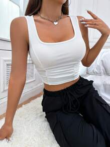 SHEIN Unity Quần skinny Áo ba lỗ Với Chi tiết xếp nếp - trắng - Xem 5