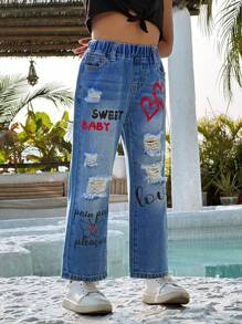 SHEIN 少女可愛塗鴉圖案印花休閒牛仔褲 - 淺藍色 - 查看 3