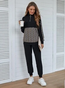 SHEIN LUNE Women's Geometric Print Half Zipper Sweatshirt And Shorts Set