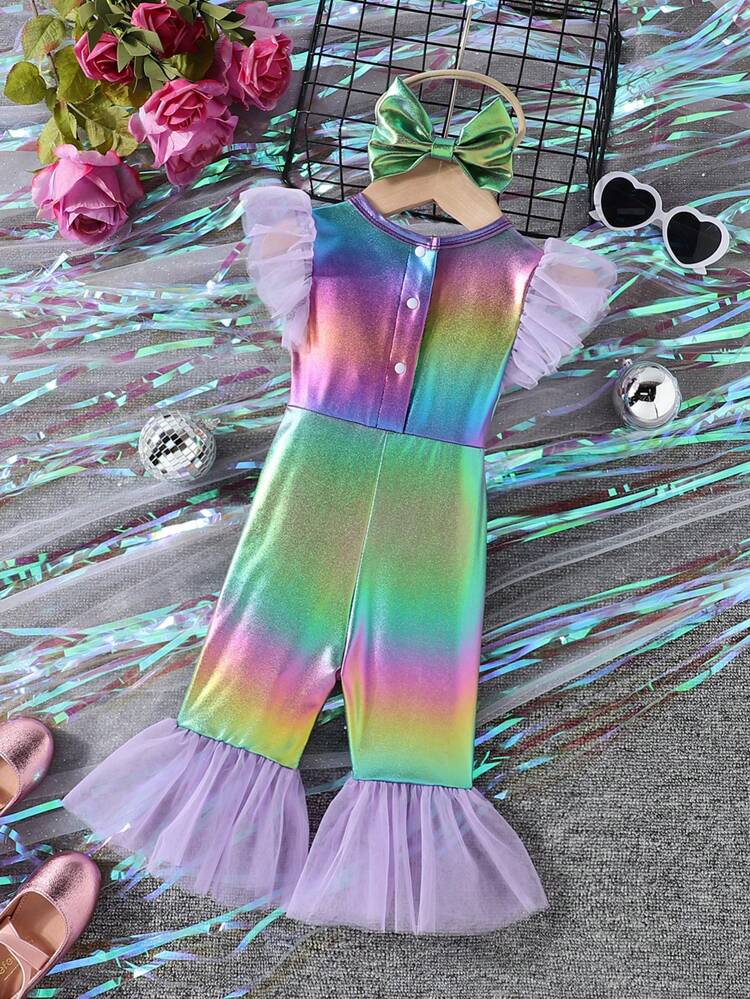 Baby Girl Summer New Mesh Flutter Sleeve Iridescent Fabric Fashion Jumpsuit