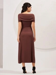 Modelyn Solid Colored Wrap Front Dress - Coffee Brown - View 2