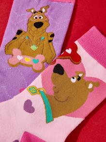 SCOOBY-DOO X SHEIN 2 Pairs Romantic Women's Heart Pattern Crew Socks,Valentine's Day - Multicolor - View 6