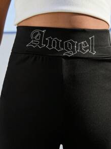 Young Girl Knit Flare Leg Long Pants, Y2K Butterfly Pattern With Rhinestone Embellishments - Black - View 5