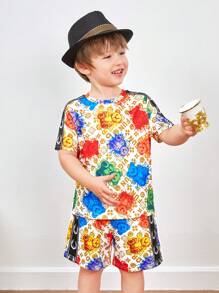 男童可愛舒適的卡通熊圖案短袖上衣+短褲套裝