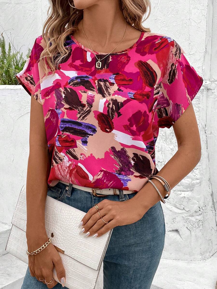 SHEIN LUNE Women's Random Printed Batwing Sleeve Blouse,Short Sleeve Tops