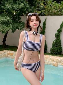 DAZY 女式条纹宽肩带方领比基尼套装，适合夏季、沙滩、游泳、度假比基尼套装夏季海滩、分体泳衣 - 黑與白 - 查看 6