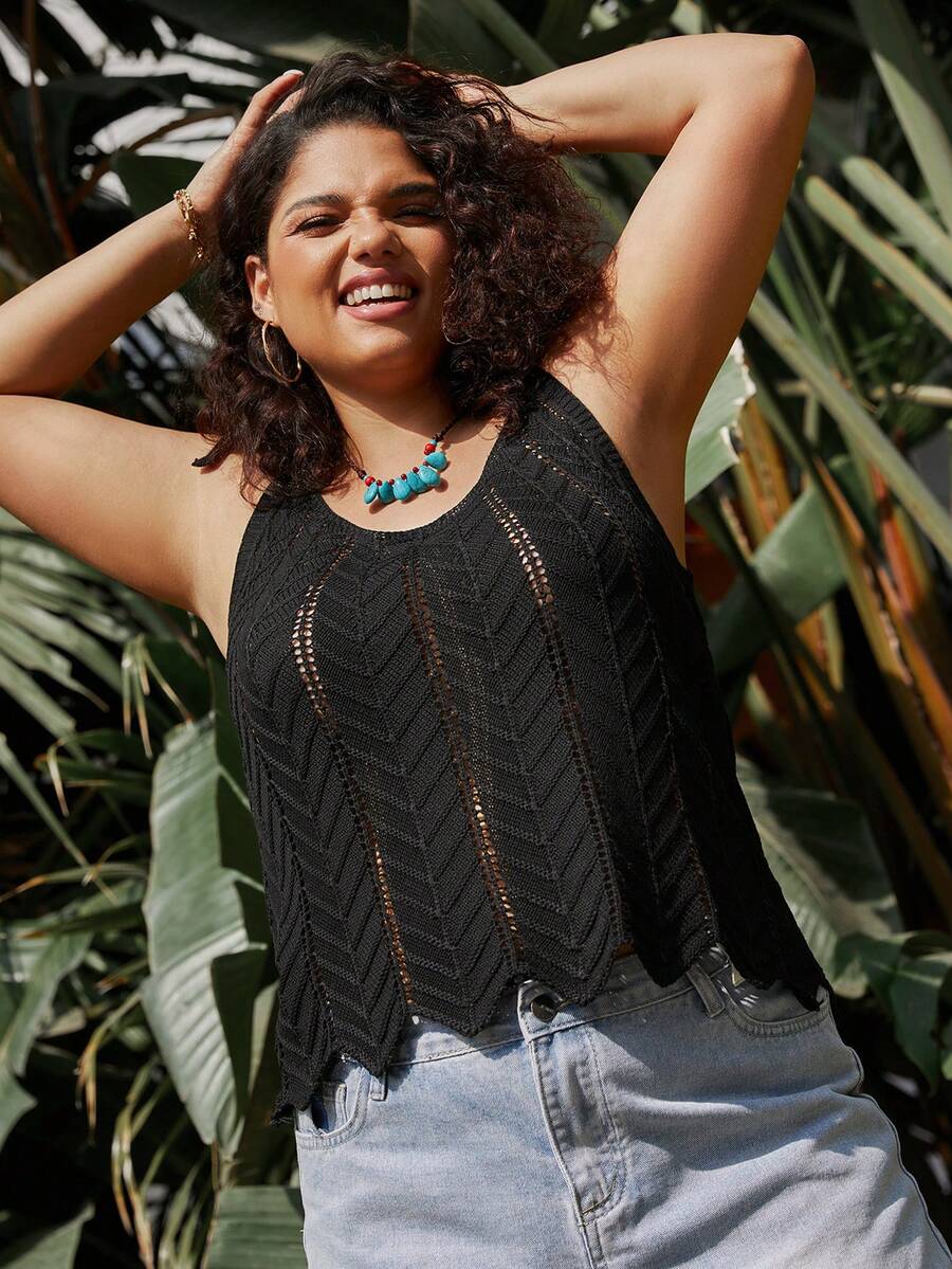 SHEIN Holidaya Kích thước lớn Của phụ nữ Xu hướng: Cắt giảm Không tay Dệt kim Áo - màu đen - Xem 1