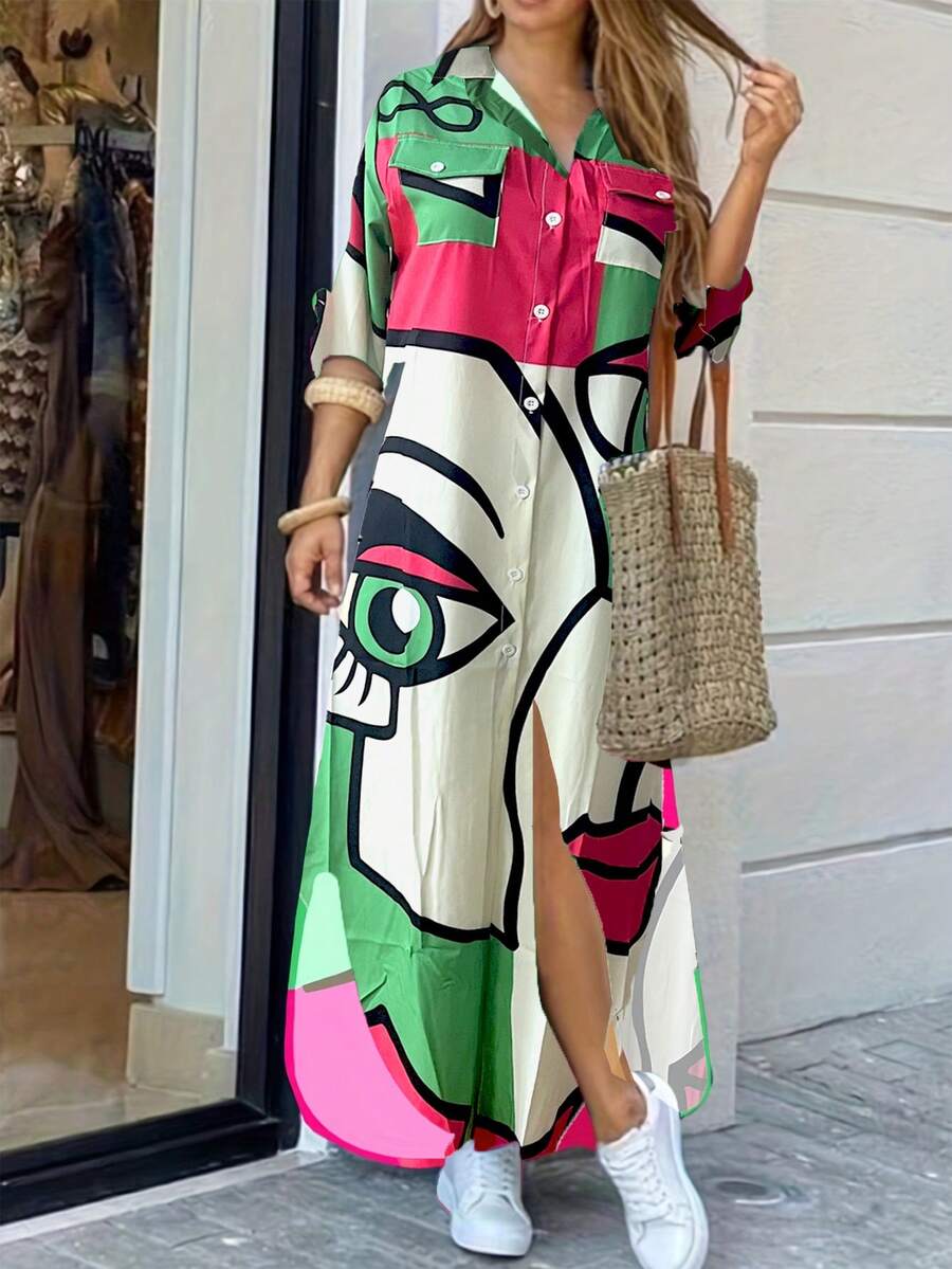 Vestido de manga larga con estampado floral y cuello de camisa, vestido casual holgado para mujer - Verde Oliva - Ver 1