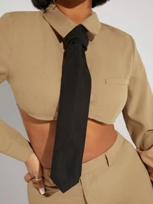 Hauture Tie Neck Crop Shirt & Mini Skirt Two Pieces Set - Khaki - View 4