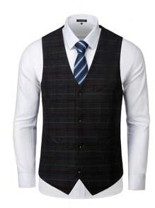 1 套男士尖头翻领双排扣格子西装外套、单排扣背心和西装裤，3 件 - 深灰色 - 查看 3