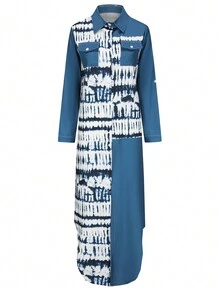 休闲花卉印花翻领长袖连衣裙