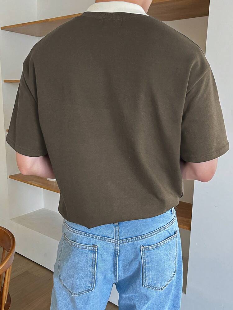 Men's Color Block Collared Shirt With Letter Printed Pattern