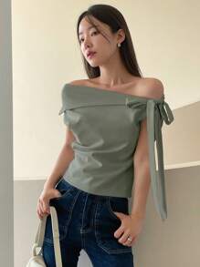 DAZY Women's Solid Color Off-Shoulder Side Knot T-Shirt Going Out Tops - Mint Green - View 1