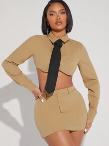 Hauture Tie Neck Crop Shirt & Mini Skirt Two Pieces Set - Khaki - View 2