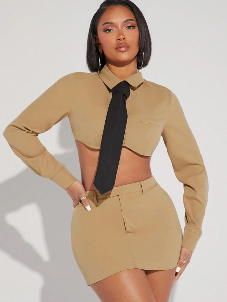 Tie Neck Crop Shirt & Mini Skirt Two Pieces Set