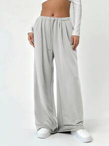 SHEIN EZwear Của phụ nữ Màu thuần Eo đàn hồi Dây rút Quần thể thao - Xám - Xem 6