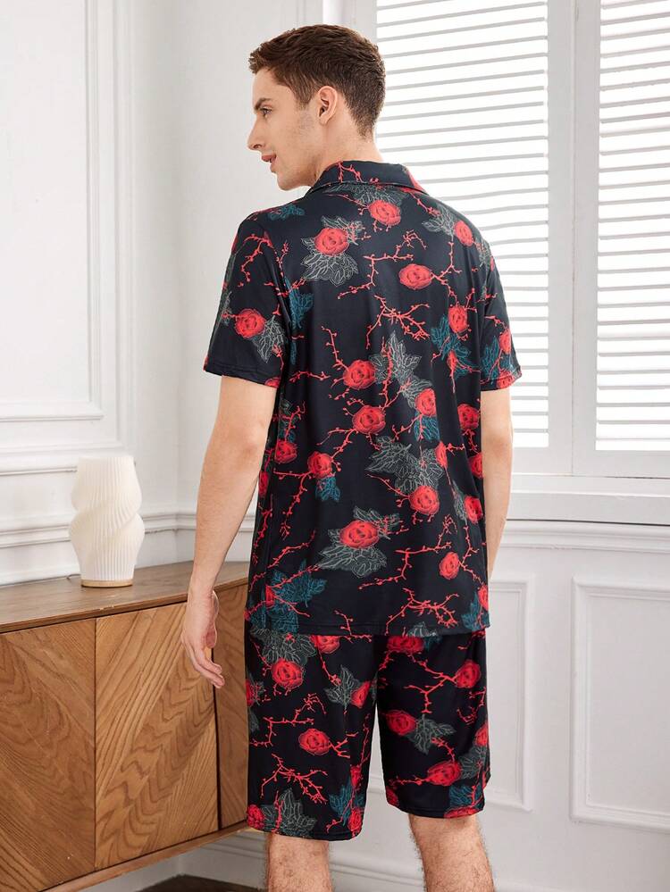 Men's Red Floral Hyper Pajama Set Button Front Lapel Collar Loungewear With Slight Stretch Fabric