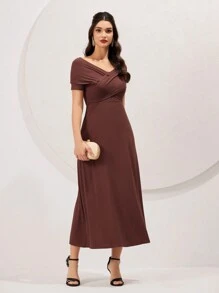 Modelyn Solid Colored Wrap Front Dress - Coffee Brown - View 4