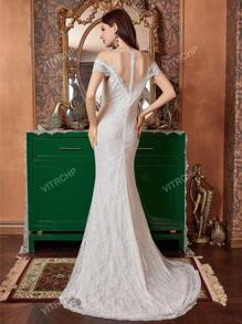 White Netted Yoke Lace Mermaid Wedding Dress