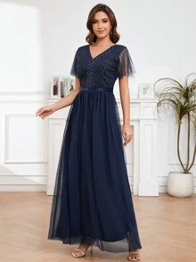 V領海軍藍色晚禮服連珠飾優雅派對裙 - 藏蓝色 - 查看 5