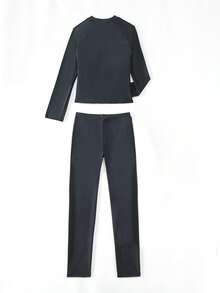 女士长袖长裤潜水服，两件套运动泳衣夏季 - 深灰色 - 查看 2