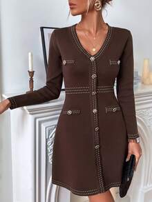 优雅长袖针织连衣裙，拼色 V 领毛衣裙，条纹随意设计，完美适合秋冬时尚返校秋季女装秋季街头服饰 - 巧克力棕 - 查看 5