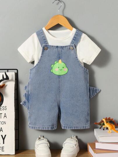 Pantalones cortos de tirantes ajustables de mezclilla con detalles de cola pequeña, gráfico de dinosaurio lindo y neutral para bebé niño