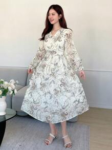 DAZY V-Neck Long Sleeve Printed Dress, Fall Dress Vacation Outfits Women Floral Dress Boho - White - View 5