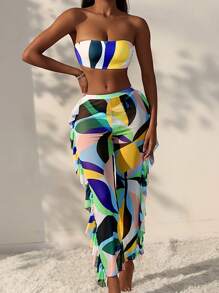 SHEIN Swim Geometrisch bedruckter Bikini-Set Cover-up Hose, für Sommer Strandurlaub