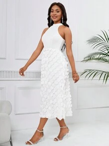 SHEIN Lady 女式無袖露背a字裙,3d裝飾 - 白色 - 查看 4