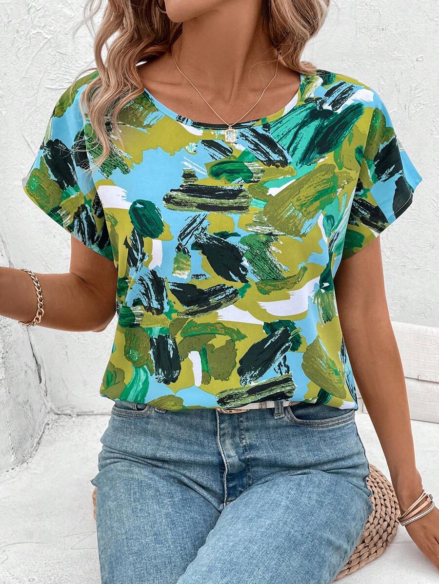 SHEIN LUNE Women's Random Printed Batwing Sleeve Blouse,Short Sleeve Tops