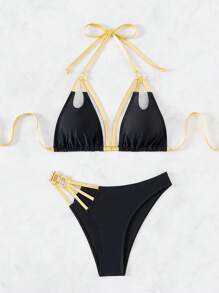 SHEIN Swim Ladies' Contrast Trim Halter Neck Bikini Set - Black - View 6