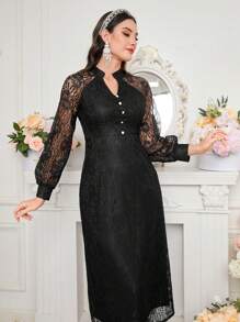 Modelyn Women Dresses Tombol Kontras Lace Tombol Depan Plain Anggun - Hitam - View 6