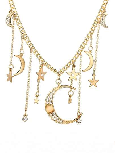 Hippie Bohemian Crystal Star & Moon Pendant Necklace For Women, Party Jewelry