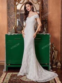 White Netted Yoke Lace Mermaid Wedding Dress