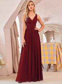 EVERPRETTY 优雅雪纺V领无袖褶皱长款正式酒红色伴娘礼服婚礼宾客礼服婚礼毕业典礼 - 酒紅色 - 查看 5